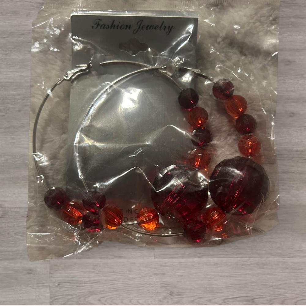 Fashion Jewelry Red & Amber Beaded Hoop Earrings